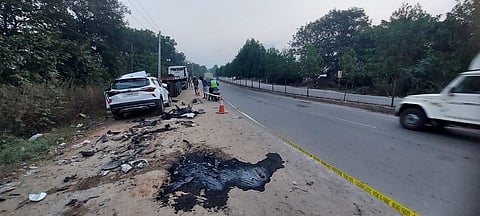 The Kia Seltos rammed into a trailer in Dundigal. (Photo | Express)