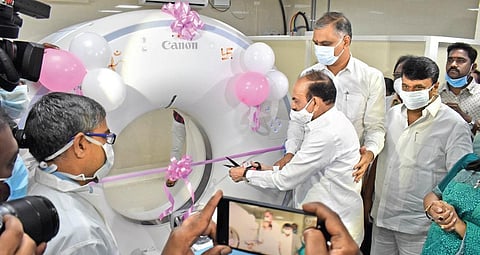 Home Minister Mahmood Ali inaugurates a CT scan machine in Gandhi Hospital on Saturday, in the presence of his Cabinet colleagues T Harish Rao and Talasani Srinivas Yadav, hospital staff and others |