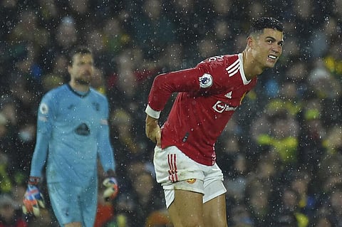 Manchester United's Cristiano Ronaldo, right, reacts during the English Premier League soccer match between Norwich City and Manchester United at Carrow road in Norwich. (Photo | AP)