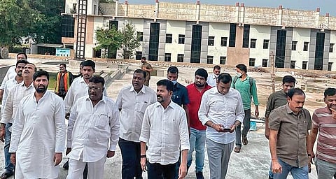 TPCC chief Revanth Reddy, along with Congress leaders, at the Martyrs Memorial, under construction near the Tank Bund in Hyderabad on Saturday | RVK Rao