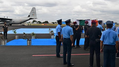 Lance Naik Sai Teja's being brought to the Yelahanka Air Force Station. (Photo | Shriram BN, EPS)