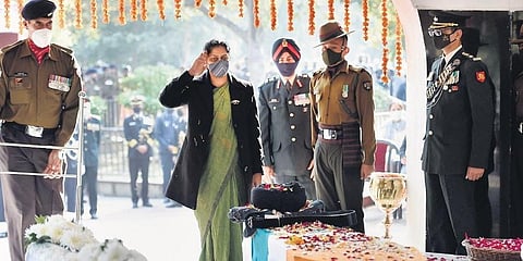 Lt Colonel Harjinder Singh’s wife Agnes Menezes at the crematorium on Sunday. (Photo | PTI)