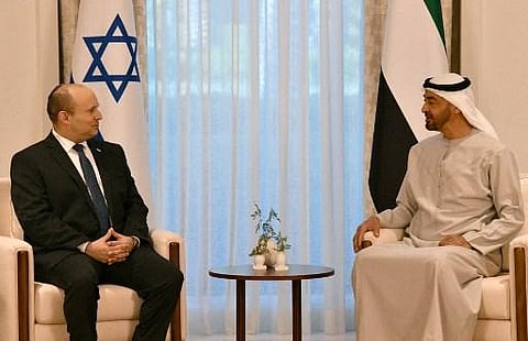 Abu Dhabi's Crown Prince Sheikh Mohammed bin Zayed Al-Nahyan (R) meeting with Israeli Prime Minister Naftali Bennett following his arrival in the Emirati capital, on December 12, 2021. (Photo | AFP)