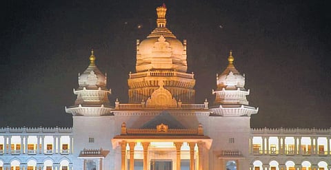 An illuminated Suvarna Vidhana Soudha on the eve of the 10-day winter session of the State Legislature in Belagavi