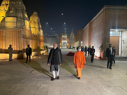 PM Modi carrying inspections with UP CM Yogi Adityanath. (Photo | Twitter)