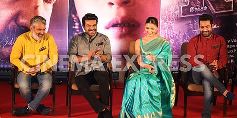 The cast of 'RRR' with director SS Rajamouli. (Photo| Cinema Express)