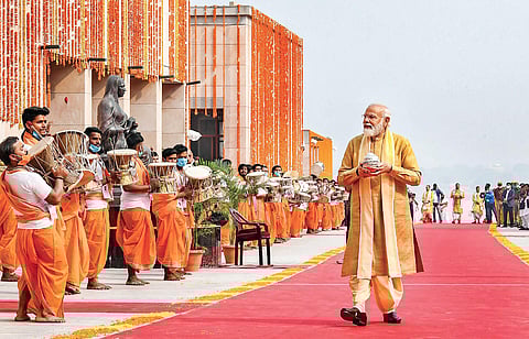 Prime Minister Narendra Modi carrying a pot of Ganga water to the Kashi Vishwanath shrine, in Varanasi in Monday | PTI