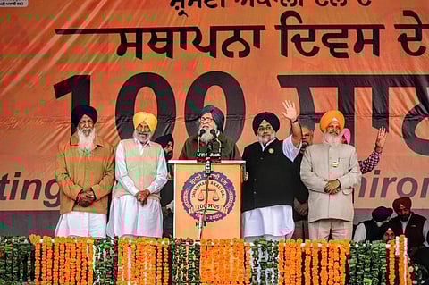 SAD patriarch and former CM Parkash Singh Badal addressing a rally at Moga to commemorate the party’s 100th anniversary. (Photo | EPS)