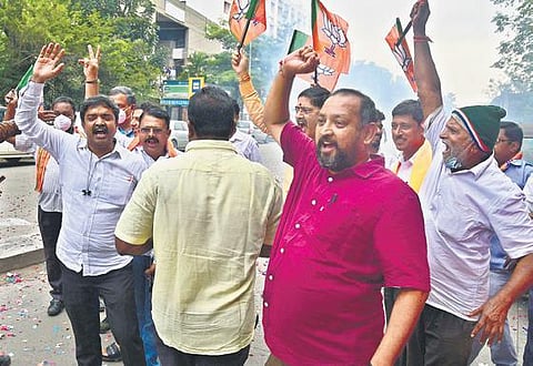 BJP workers celebrate party’s victory in Council polls, in Bengaluru. (Photo | Shriram BN)