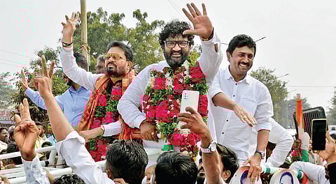 Congress candidate Bhimrao Patil celebrates his victory along with his supporters in Bidar on Tuesday. (Photo | Express)