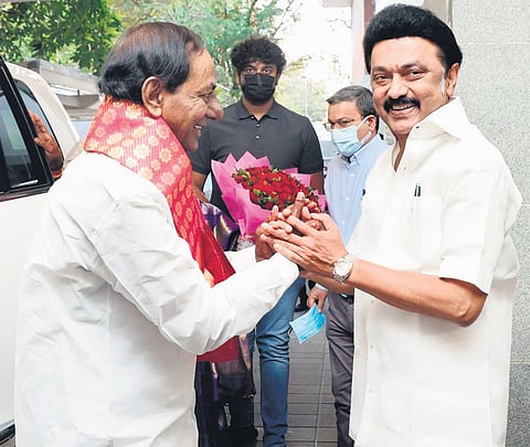 Telangana Chief Minister K Chandrasekhar Rao meeting MK Stalin in Chennai