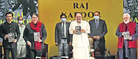 (L-R) Bollywood actor Ranbir Kapoor, Randhir Kapoor, Vice President of India M Venkaiah Naidu, author Rahul Rawail during the launch of ‘Raj Kapoor: The Master at Work’ in Delhi on Tuesday | SHEKHAR Y