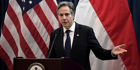 U.S. Secretary of State Antony Blinken addresses to staff at the U.S. Embassy in Jakarta, Indonesia, Tuesday, Dec. 14, 2021. (Photo | AP)