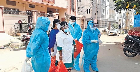 Health Dept. officials carry out a door-to-door survey in Paramount Colony, Tolichowki. An estimated 700 homes were surveyed after cases of the Omicron variant of Covid-19 were detected in the city.