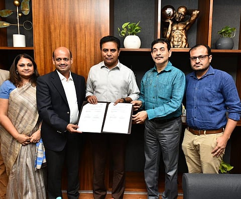 MARS Petcare MD Ganesh Ramani with Telangana Industries Minister KT Rama Rao and Principal Secretary Jayesh Ranjan, Dec 16, 2021. (Photo | Twitter, KTR)