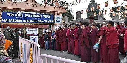 Police personnel stand guard near the premises of Mahabodhi Temple in Bodh Gaya. (File Photo| PTI)