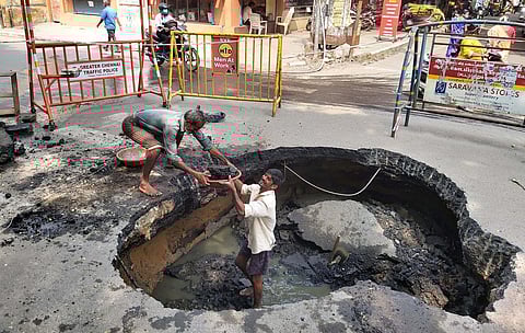 Road in West Mambalam’s Brindavan Street, which caved in on Thursday. (Photo | R Abishieke, EPS)