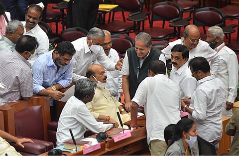 Chief Minister Basavaraj Bommai and other members of the ruling party were against the motion and pleaded strongly with the speaker not to entertain it. (Photo | Express)