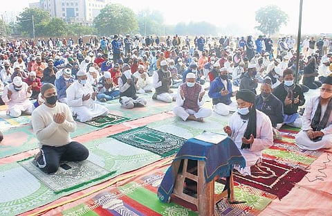Muslims offer Friday prayers at an open site in Gurugram on Friday. (Photo | PTI)