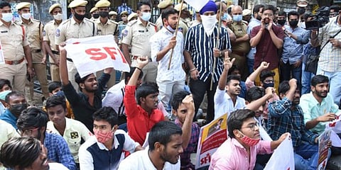 Students stage a protest near the TSBIE office in Hyderabad on Friday. (Photo| RVK Rao, EPS)
