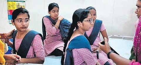 Students who travelled in a tractor trolley and met with an accident receiving treatment at Podili Government Hospital in Prakasam district. (Photo| EPS)