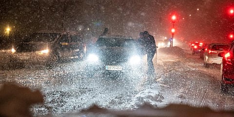 A snowstorm causes chaos on the roads around Aalborg, Denmark. (Photo | AP)
