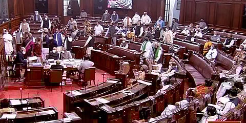 Opposition leaders stage a protest in Rajya Sabha during the Winter Session of Parliament, in New Delhi, Thursday, Dec. 2, 2021. (Photo | RSTV/PTI)