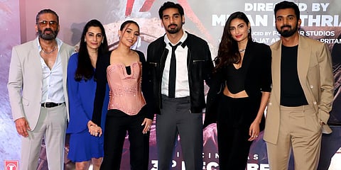 Athiya Shetty and cricketer beau KL Rahul with her family including father Suniel at the premiere of 'Tadap'. (Photo| PTI)