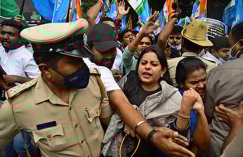 NSUI members protest outside ISRO headquarters in Bengaluru on Wednesday. (Photo | Shriram BN, EPS)