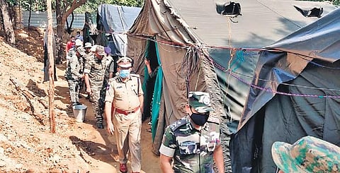 Telangana DGP M Mahender Reddy inspects security arrangements at Chennaram base camp in Cherla mandal of Bhadradri-Kothagudem district on Wednesday, Dec 1, 2021.