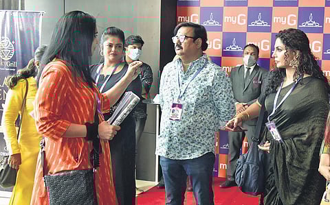 Actors Shwetha Menon, Manju Pillai, Maniyanpilla Raju and Asha Sharath at the AMMA general body meeting held in Kochi. (Photo| A Sanesh, EPS)