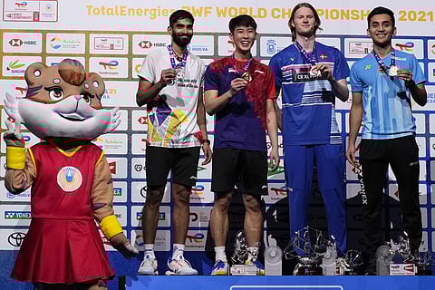 Silver medalist Kidambi Srikanth, gold medalist Singapore's Loh Kean Yew, bronze medalist Denmark's Anders Antonsen and bronze medalist India's Lakshya Sen pose for a photo. (Photo | AP)