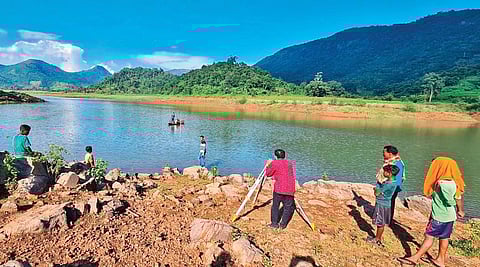 Survey for construction of bridge over the nullah between Ghanabeda and Kodigandhi going on in Swabhiman Anchal (Photo | Express)