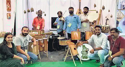 Members of 'Malamuzhakki' with their musical instruments at the Kerala Bamboo Fest in Kochi. (Photo| EPS)