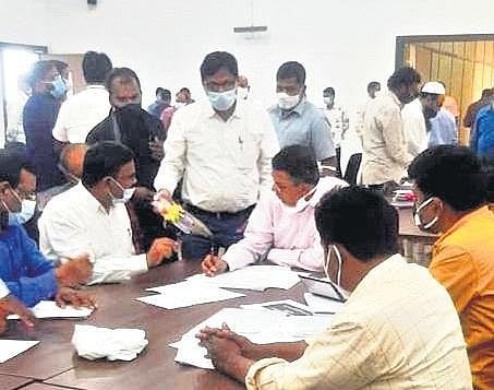Members of the Allocation Committee chair meetings with government employees to finalise theprocess of allocation to their native districts, at the BRKR Bhavan in Hyderabad on Sunday, Dec 19, 2021.