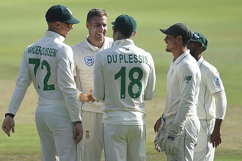 South Africa's Anrich Nortje (2ndL) celebrates with teammates (File photo | AFP)