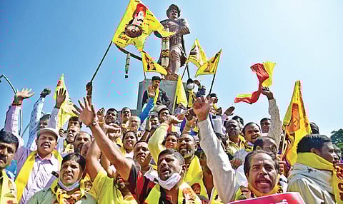 Kannada activists protest against vandalism in Belagavi district in front of the Sangolli Rayanna statue in Bengaluru on Sunday | Shriram BN