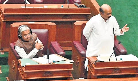 CM Basavaraj Bommai makes a point in the Assembly on Tuesday