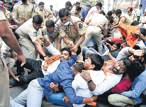 Police arrest ABVP activists who tried to lay siege to the Intermediate Board office in Hyderabad on Tuesday on the first year results issue (Photo | R V K Rao)