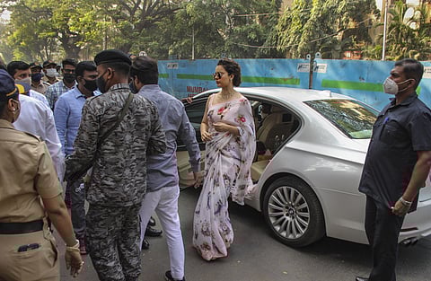 Bollywood actor Kangana Ranaut appears before the Mumbai Police in connection with an FIR registered against her for a social media post on farmers' protest, in Mumbai, Thursday, Dec. 23, 2021. (PTI)