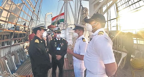 Iran Navy’s director of training Capt Hamza interacts with Indian Navy officers on board the INS Sudarshini at Sahid Bahodar port in Iran on Wednesday | EXPRESS