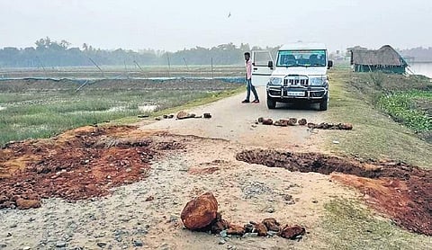 The main road in Dhinkia dug up by villagers protesting the JSW project (Photo | Express)