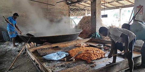 Jaggery being made in a local production unit near Kadathur in Dharmapuri district ahead of Pongal season | Express