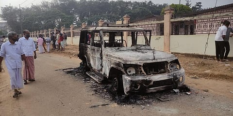 Police Jeep brunt at Kizhakkambalam infront of Kitex Garments. (Photo| A Sanesh, EPS)