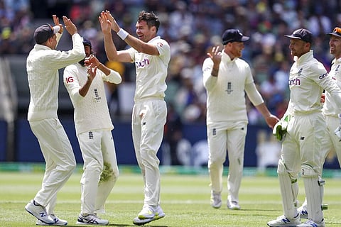 England's James Anderson, third left, celibrates the wicket of Australia's Marcus Harris during the second day of their cricket test match in Melbourne.(Photo| AP)