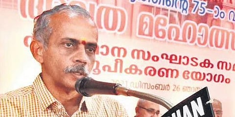 J Nandakumar, national convener of Prajna Pravah, an RSS wing, addressing the organisation committee formation meeting.
