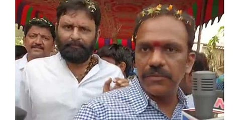 Former MLA Vangaveeti Radha along with MLA Vamsi and minister Kodali Nani during the unveiling of VM Ranga statue at Chinnagonnur village of Gudlavalleru mandal in Krishna district on Sunday. (EPS)