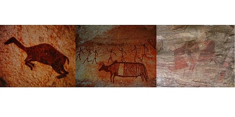 Prehistoric rock painting in Bhimbetka of (1) A deer on the run; (2) Eight men hunting a bull; (3) A bovine chasing a man