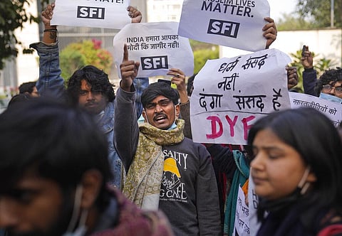 Activists of various left organisations shout anti government slogans during a protest in New Delhi, India, Monday, Dec. 27, 2021. (Photo | AP)