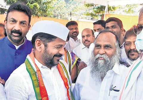 TPCC president Revanth Reddy and Congress working president Jagga Reddy seen together a day after the latter wrote to AICC chief Sonia Gandhi demanding that she appoint a new PCC chief in Telangana